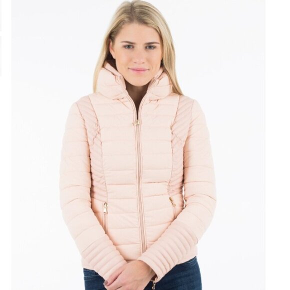 GUESS stretch water/windproof blush pink puffer moto contrasting vegan leather M - Picture 1 of 16